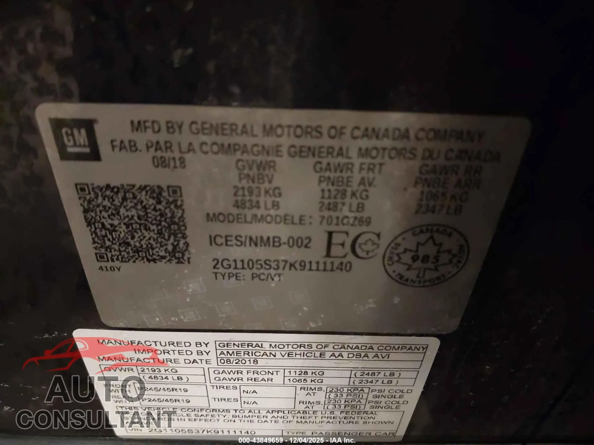 2019 CHEVROLET IMPALA Damaged VIN 2G1105S37K9111140 – trunk area