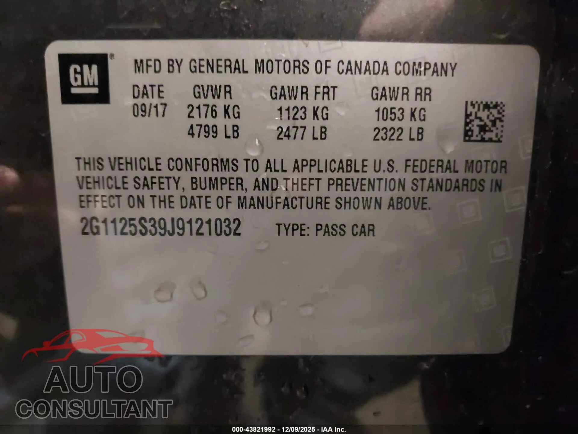 2018 CHEVROLET IMPALA Damaged VIN 2G1125S39J9121032 – trunk area