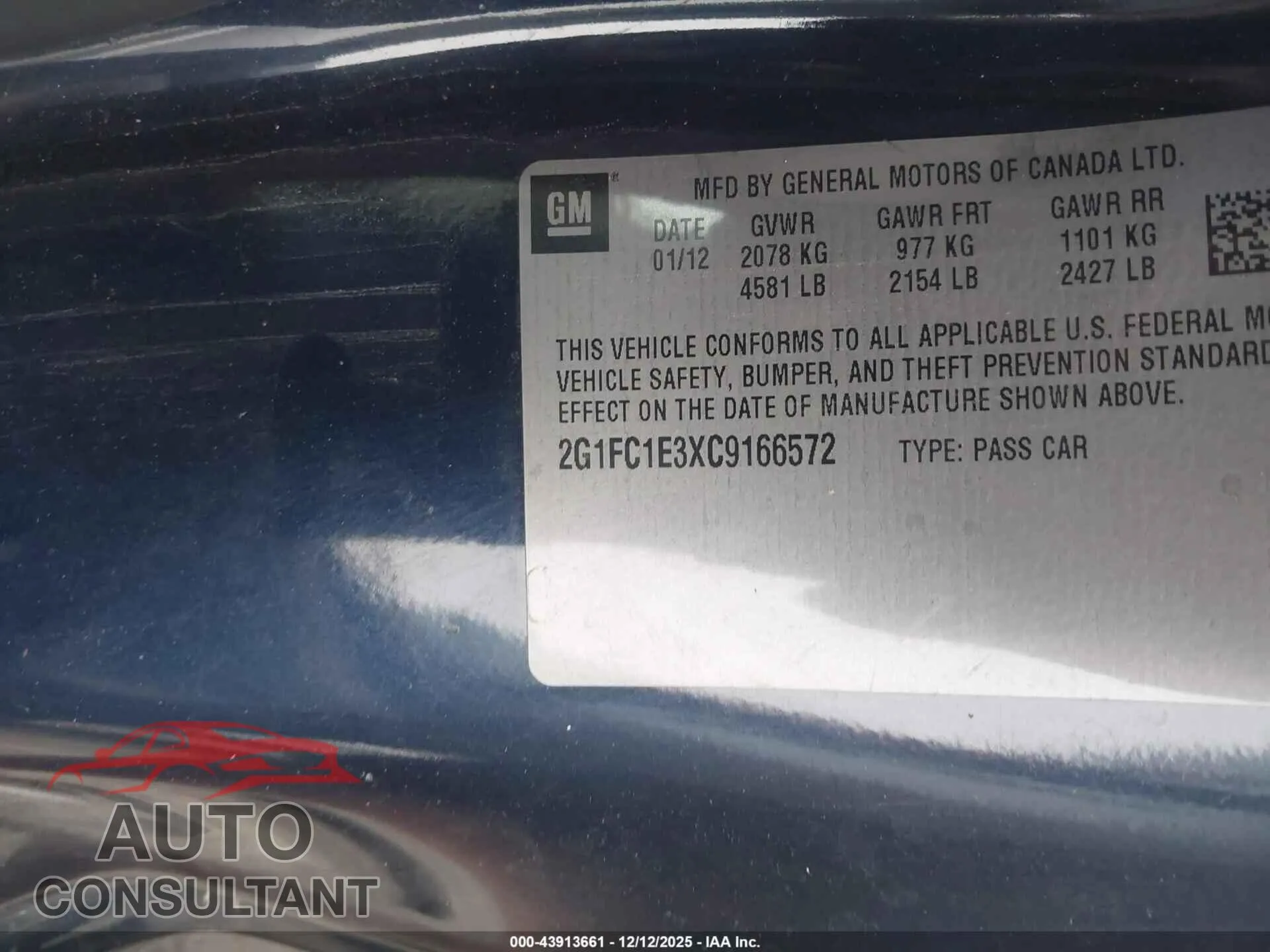 2012 CHEVROLET CAMARO Damaged VIN 2G1FC1E3XC9166572 – trunk area