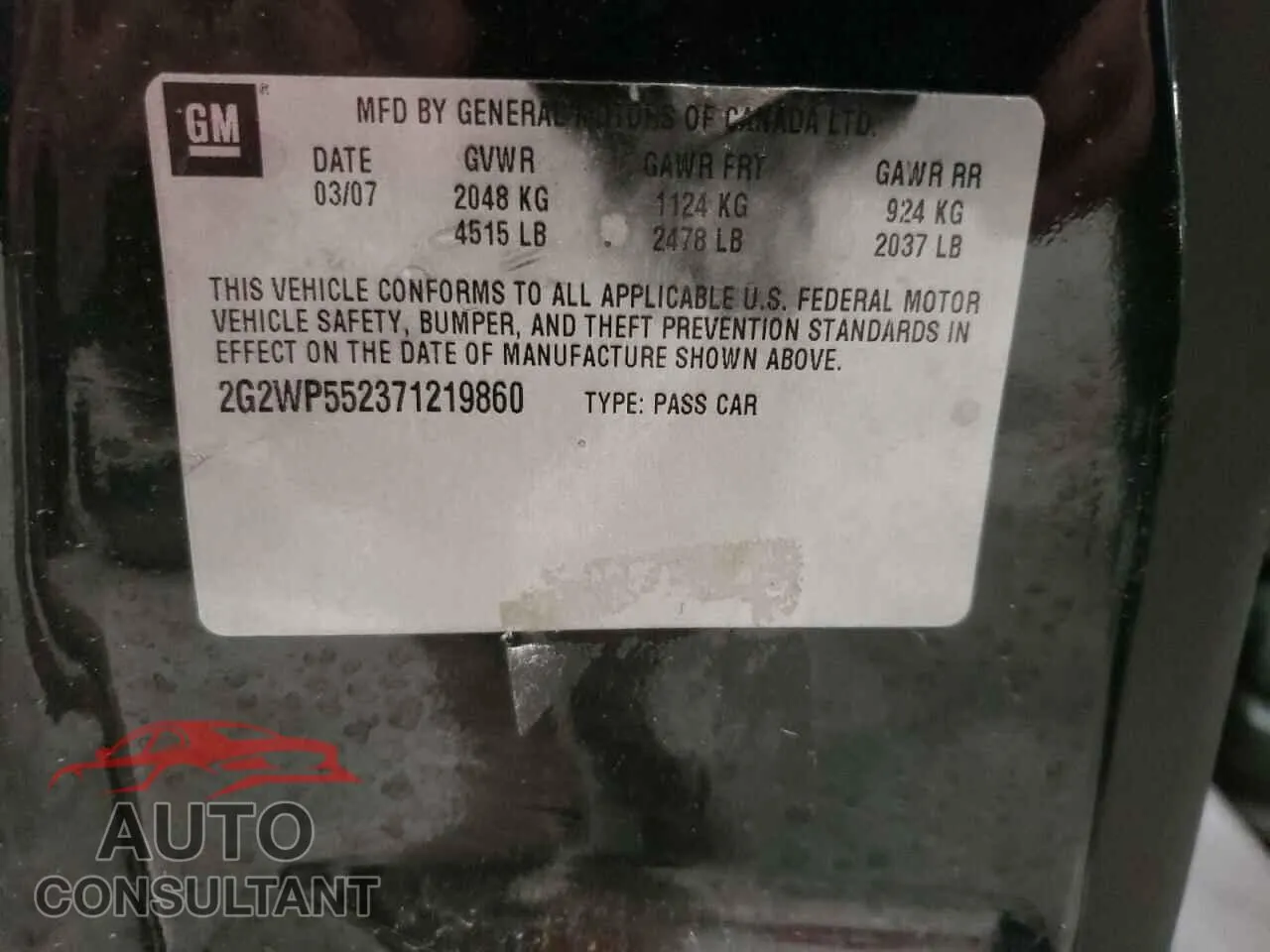 2007 PONTIAC GRANDPRIX Damaged VIN 2G2WP552371219860 – odometer reading