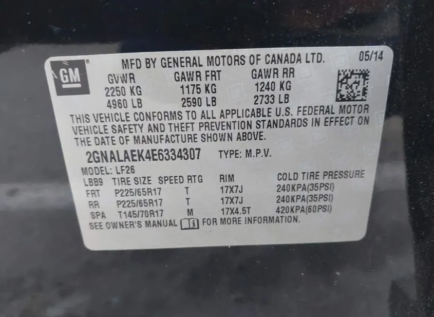 2014 CHEVROLET Equinox Used VIN 2GNALAEK4E6334307 – interior seats
