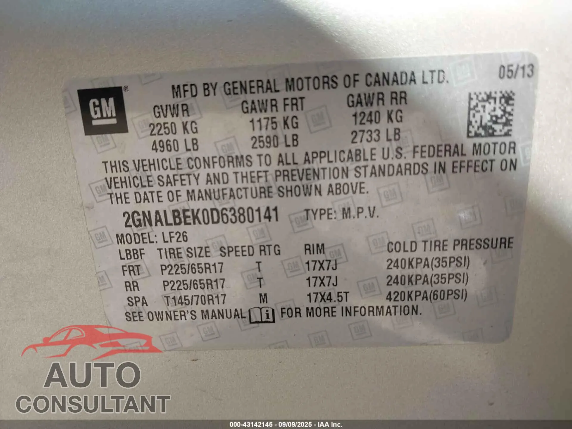 2013 CHEVROLET EQUINOX Damaged VIN 2GNALBEK0D6380141 – trunk area