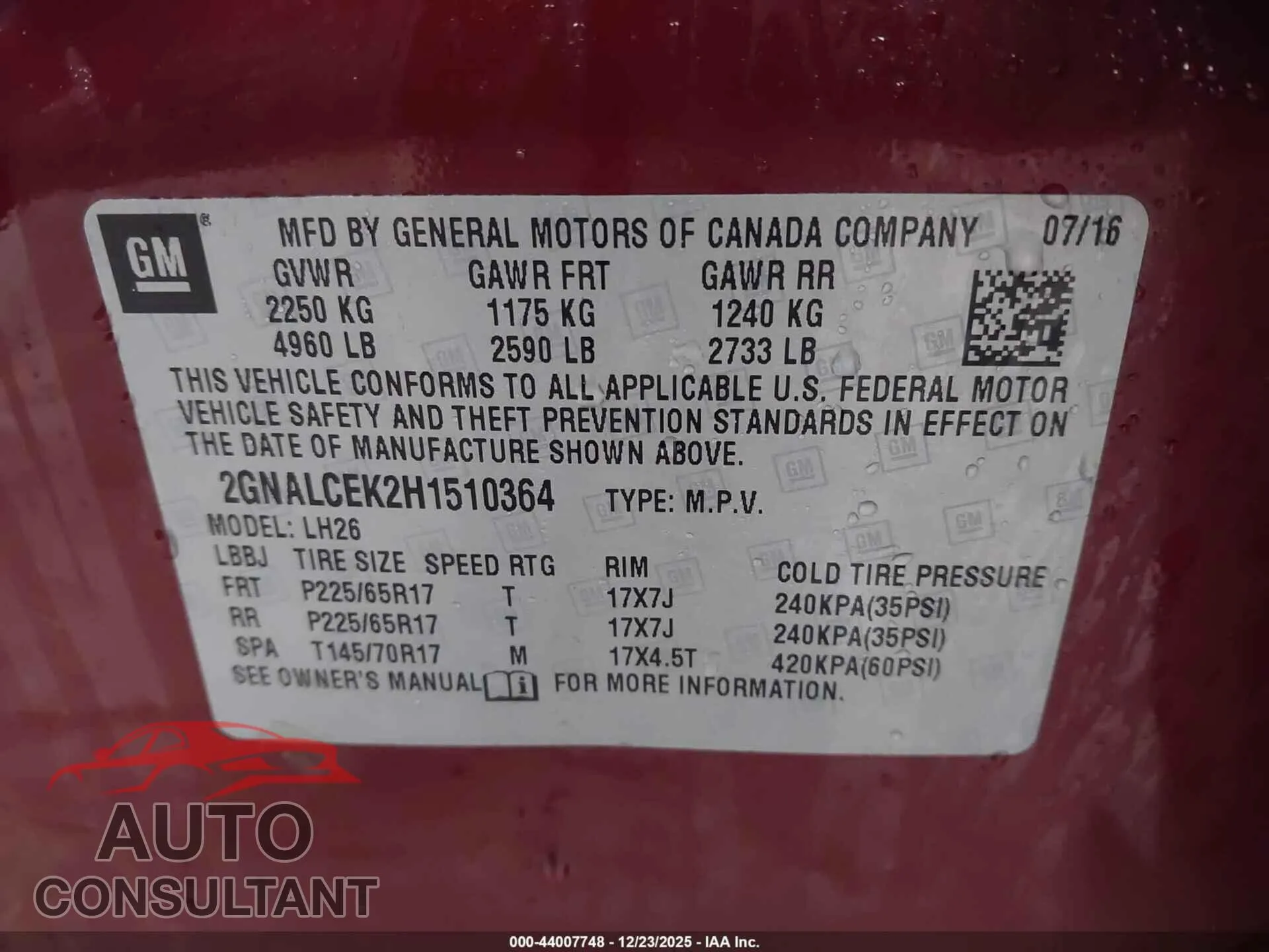 2017 CHEVROLET EQUINOX Damaged VIN 2GNALCEK2H1510364 – trunk area