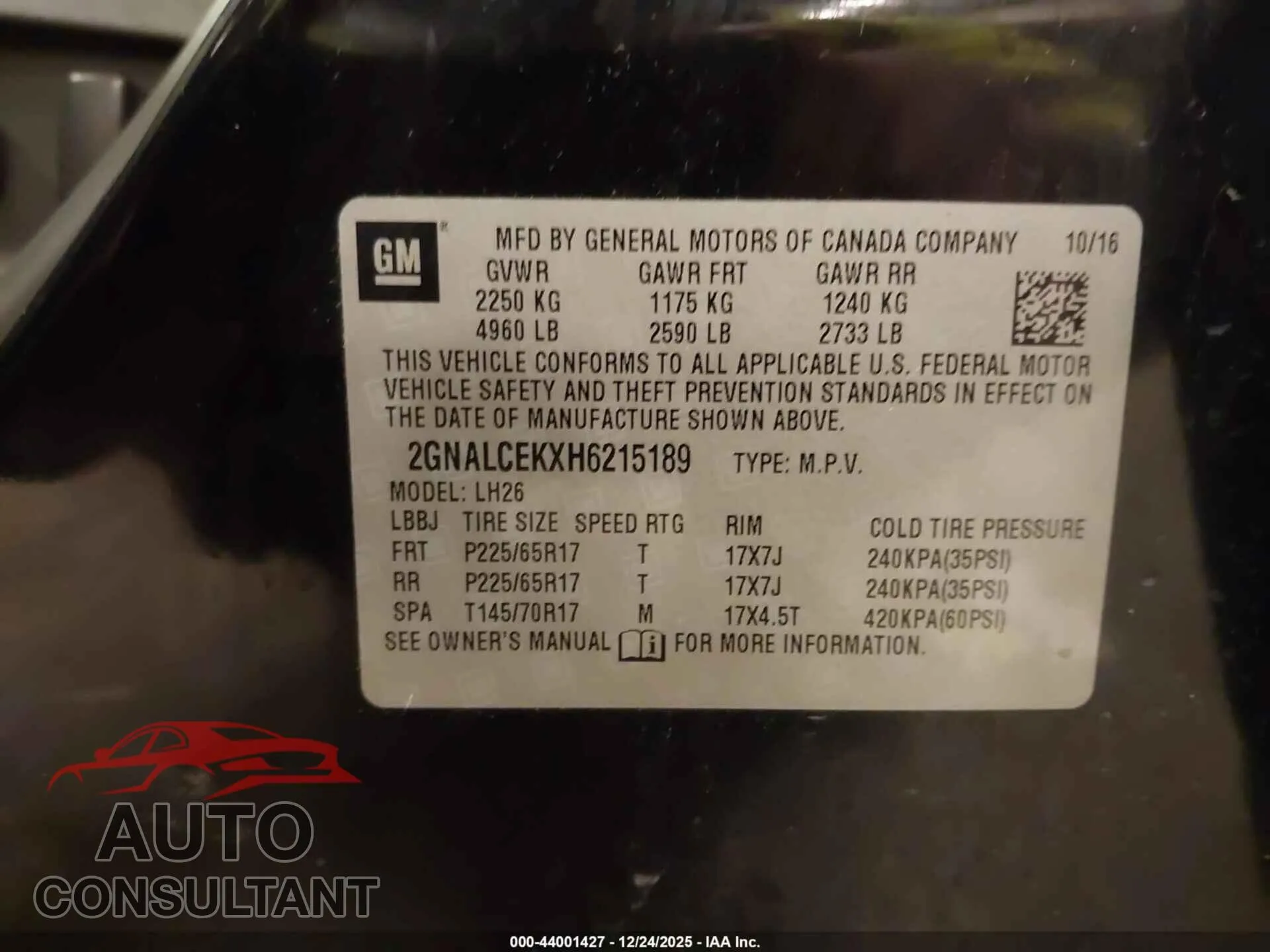 2017 CHEVROLET EQUINOX Damaged VIN 2GNALCEKXH6215189 – trunk area