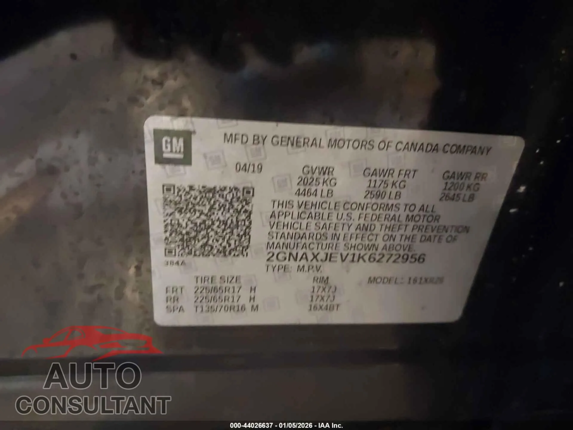 2019 CHEVROLET EQUINOX Damaged VIN 2GNAXJEV1K6272956 – trunk area