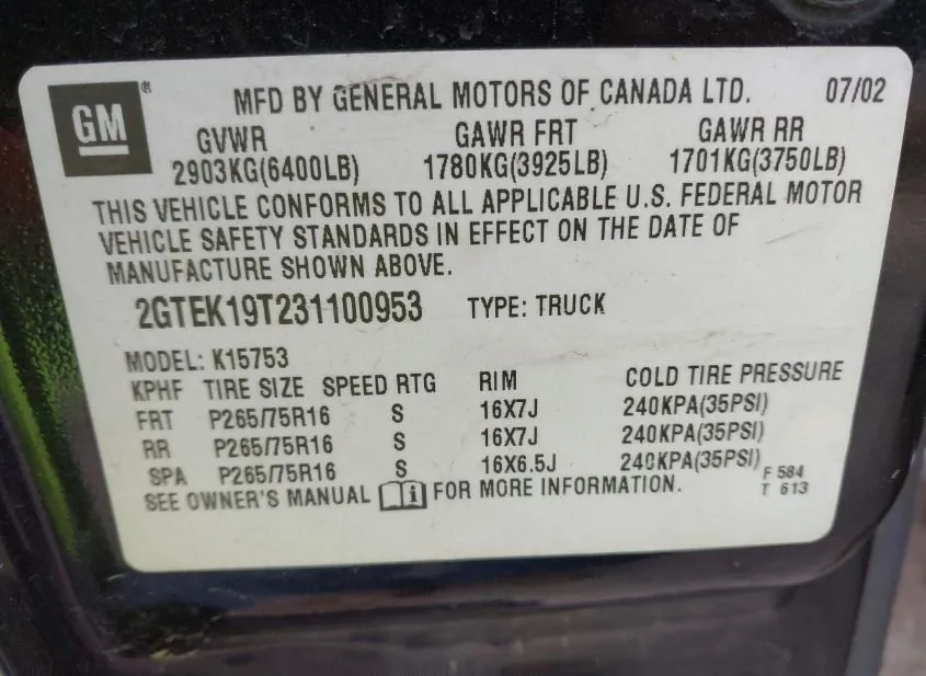 2003 GMC Sierra Used VIN 2GTEK19T231100953 – interior seats