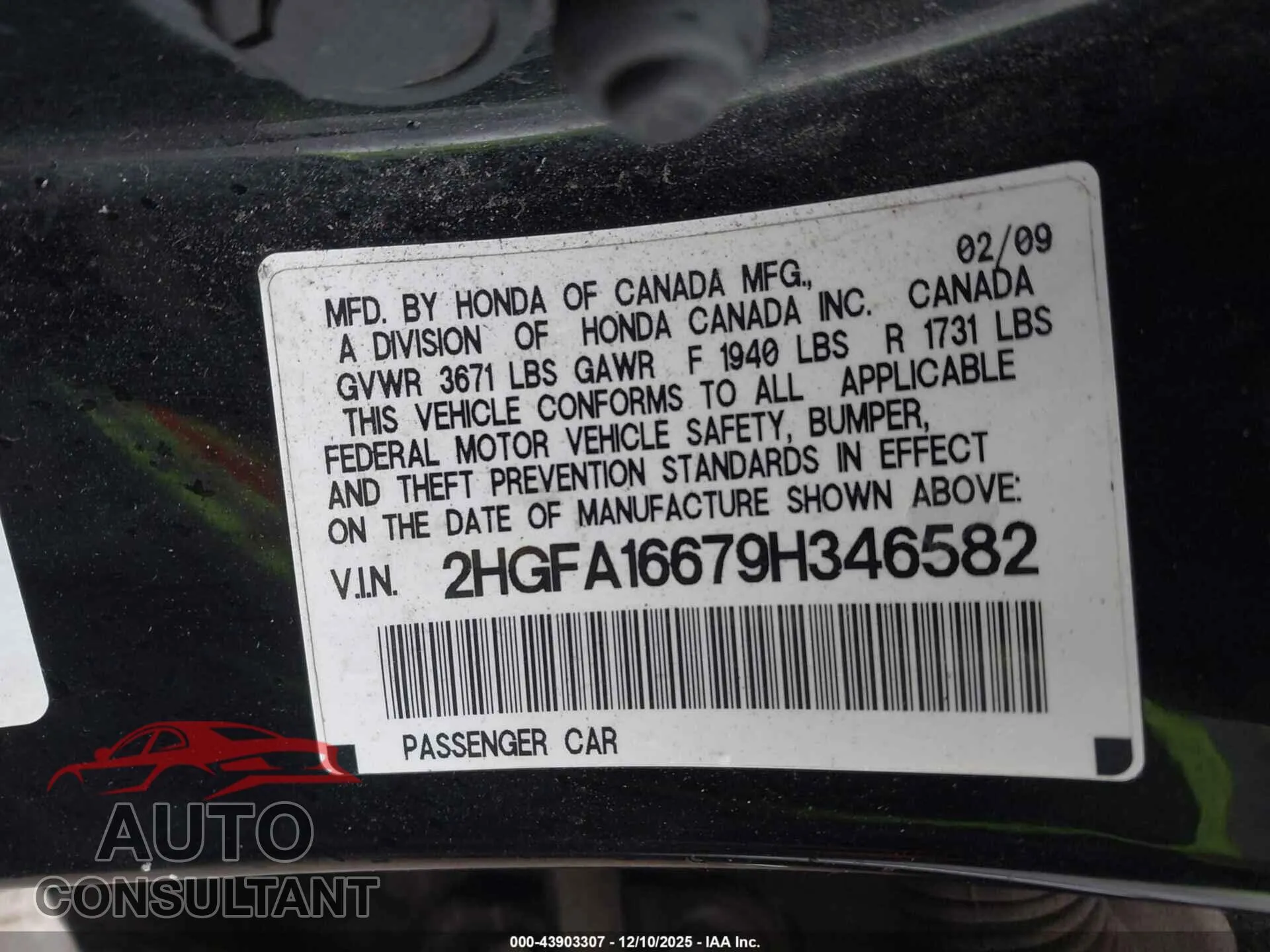 2009 HONDA CIVIC Damaged VIN 2HGFA16679H346582 – trunk area