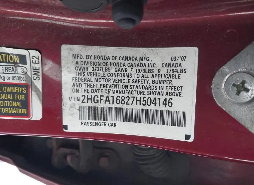 2007 HONDA Civic Used VIN 2HGFA16827H504146 – exterior detail