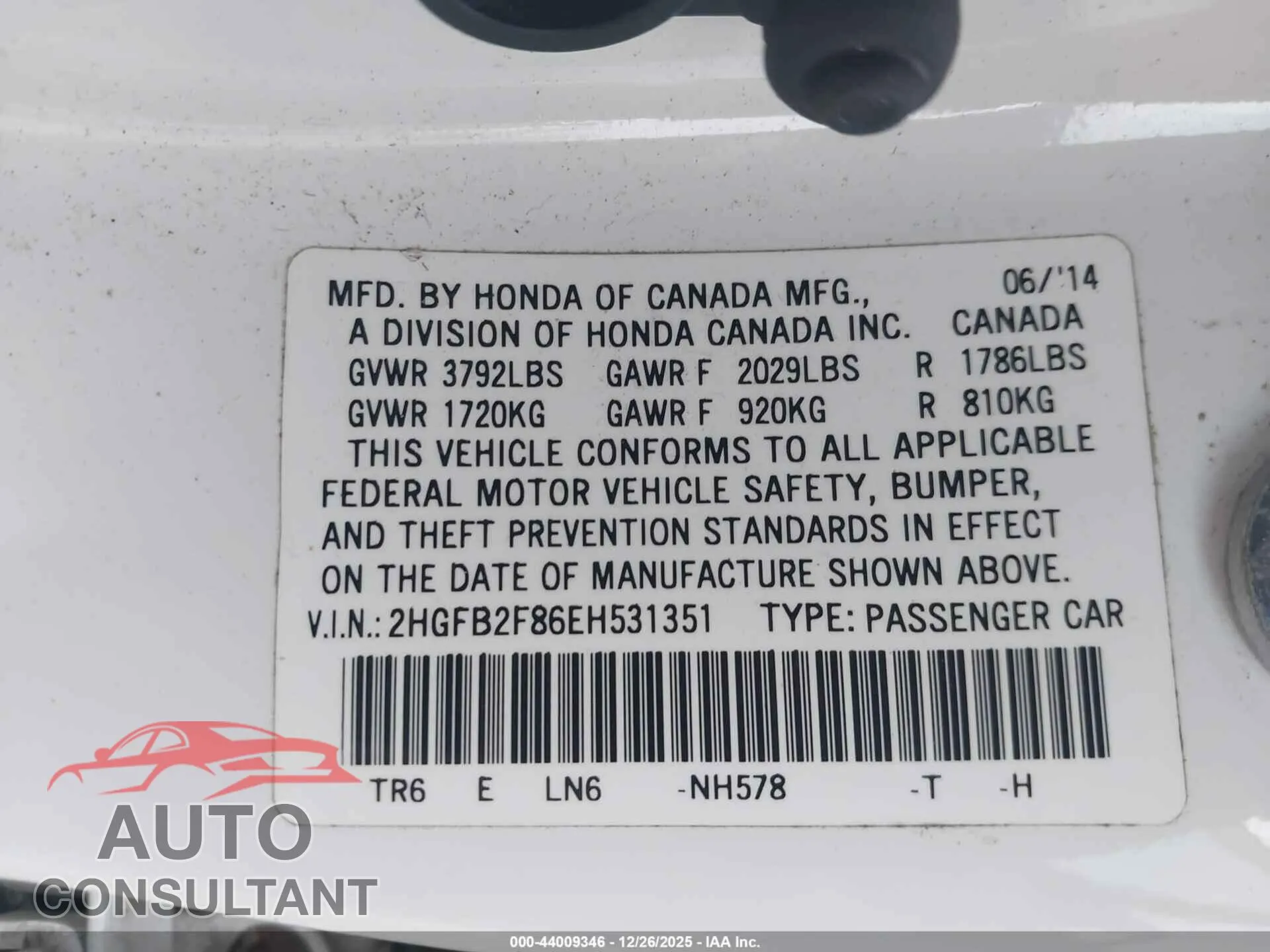 2014 HONDA CIVIC Damaged VIN 2HGFB2F86EH531351 – trunk area