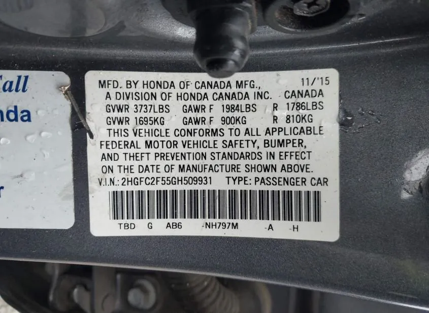 2016 HONDA Civic Used VIN 2HGFC2F55GH509931 – trunk area