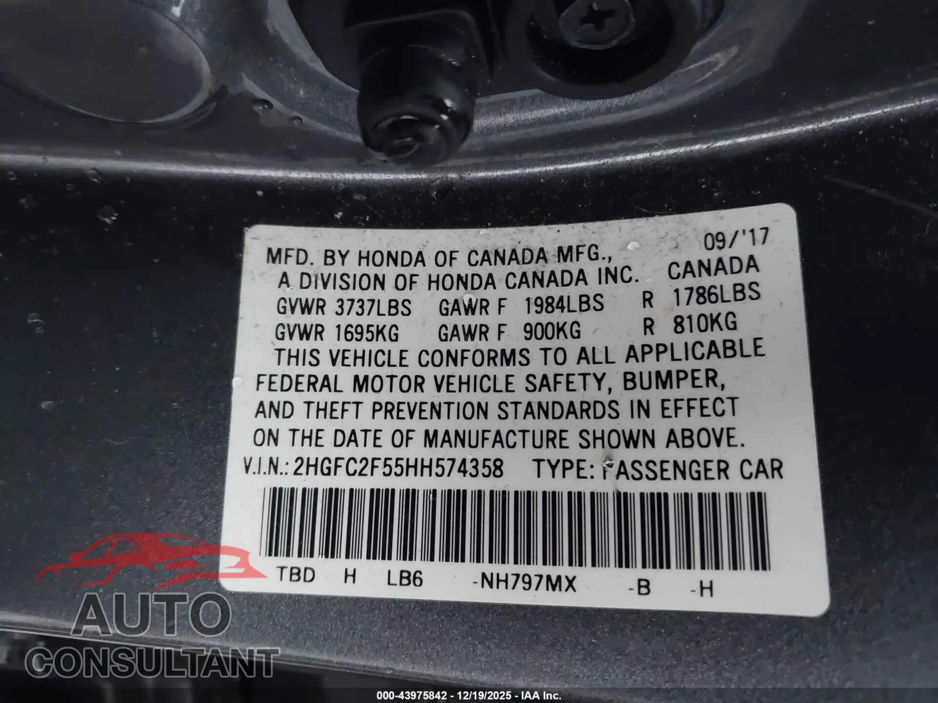 2017 HONDA CIVIC Damaged VIN 2HGFC2F55HH574358 – trunk area