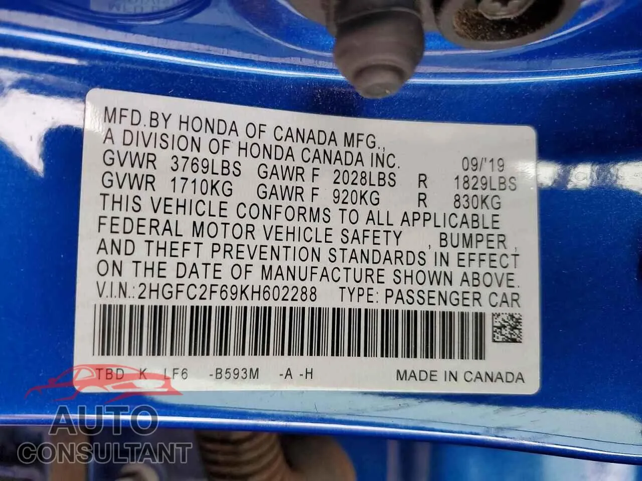 2019 HONDA CIVIC Damaged VIN 2HGFC2F69KH602288 – photo 12