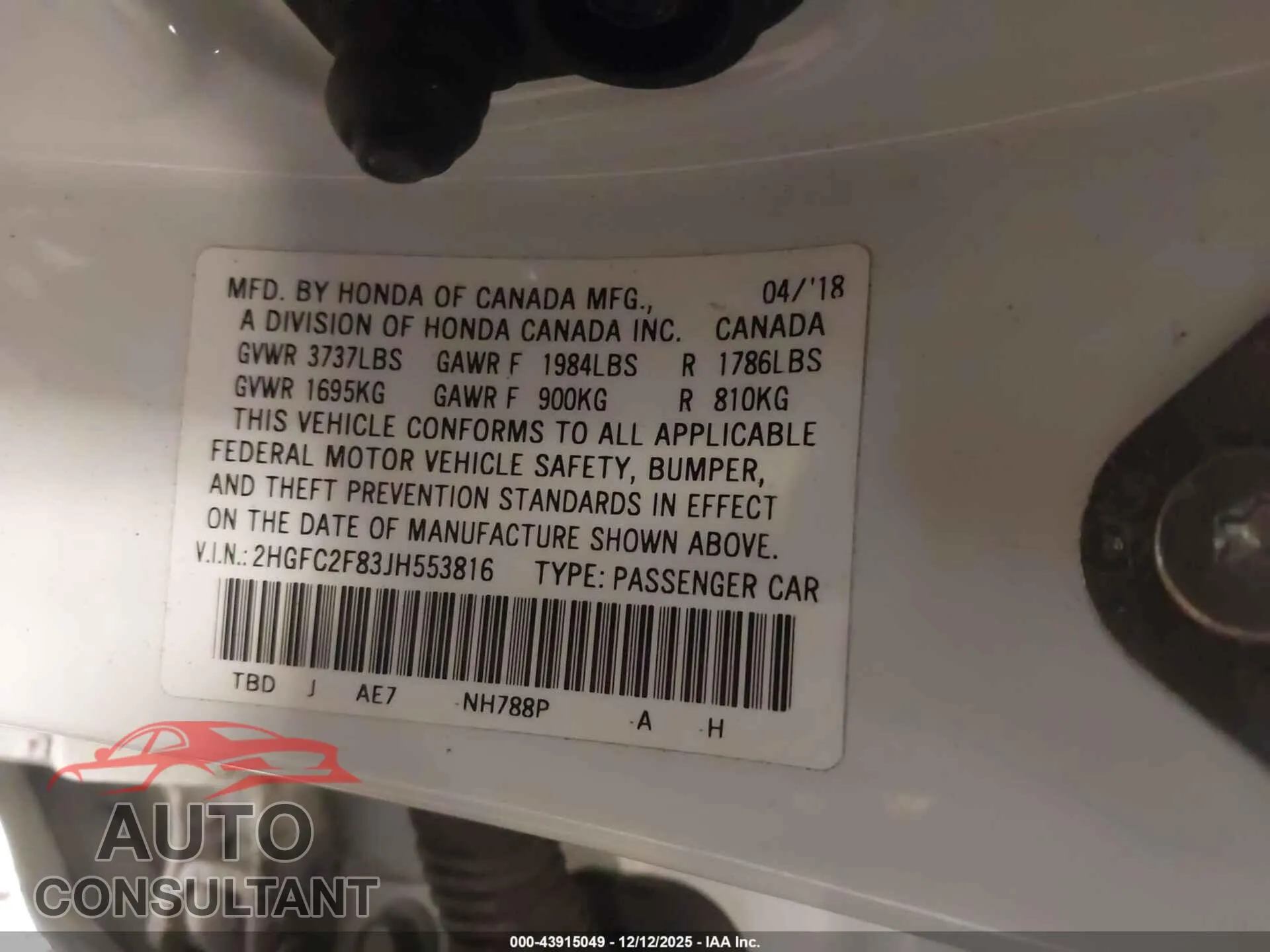 2018 HONDA CIVIC Damaged VIN 2HGFC2F83JH553816 – trunk area