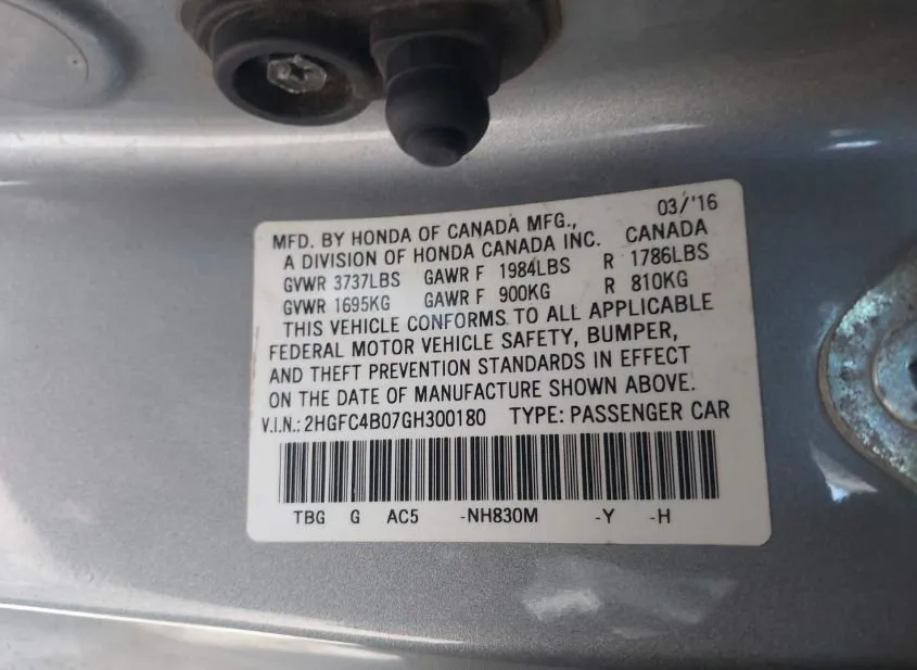 2016 HONDA Civic Used VIN 2HGFC4B07GH300180 – engine bay