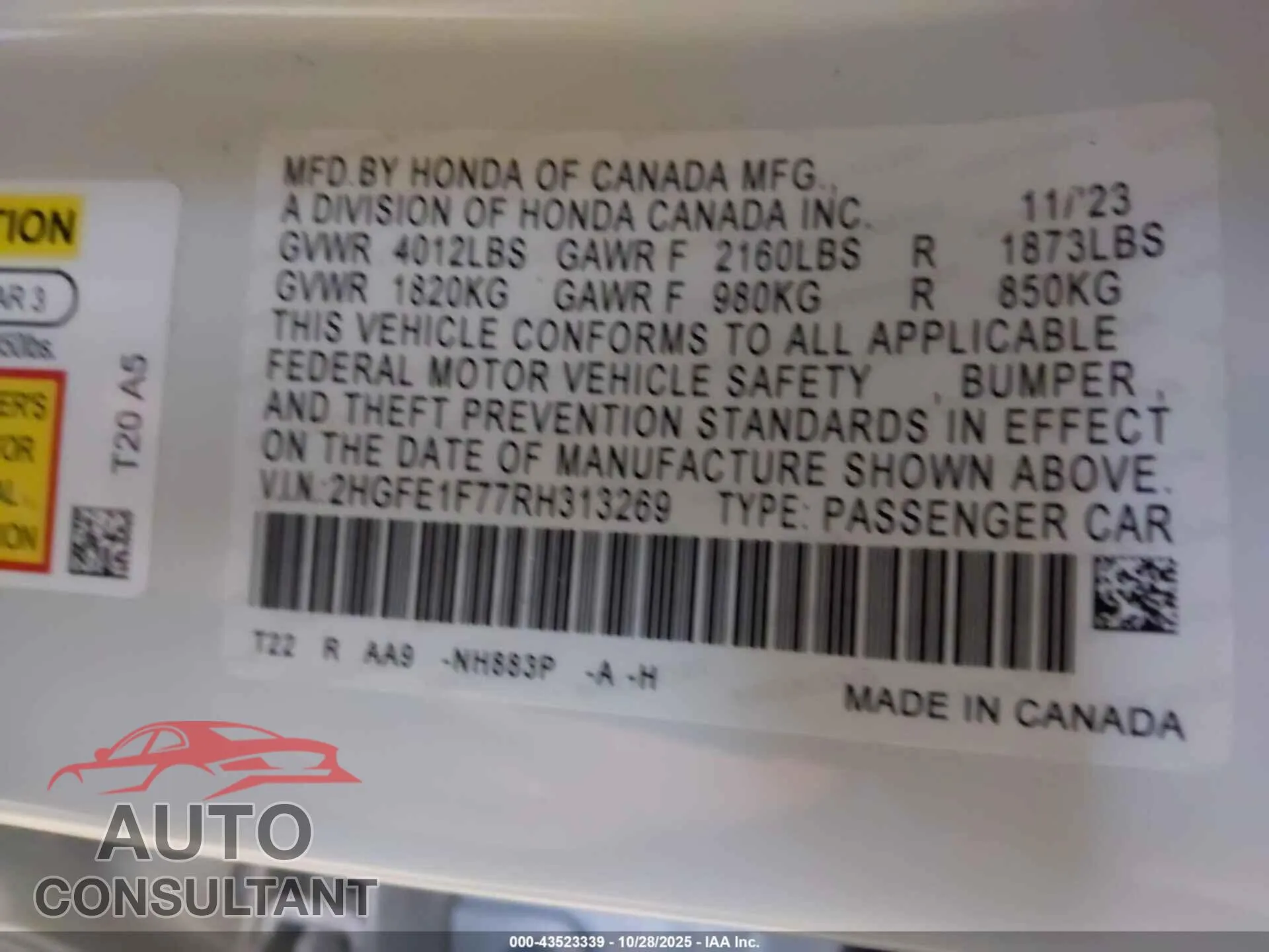 2024 HONDA CIVIC Damaged VIN 2HGFE1F77RH313269 – trunk area