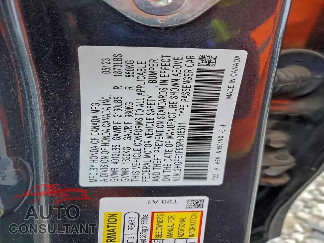 2023 HONDA CIVIC Damaged VIN 2HGFE1F95PH316511 – photo 13