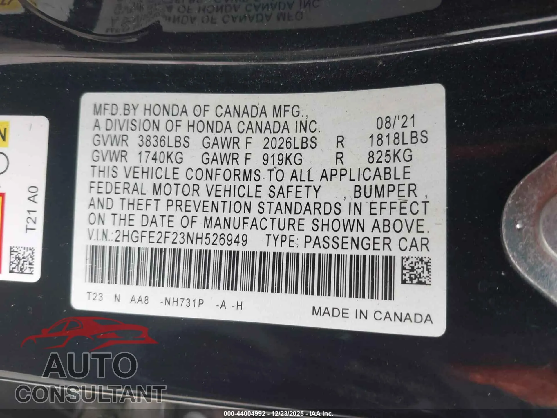 2022 HONDA CIVIC Damaged VIN 2HGFE2F23NH526949 – trunk area