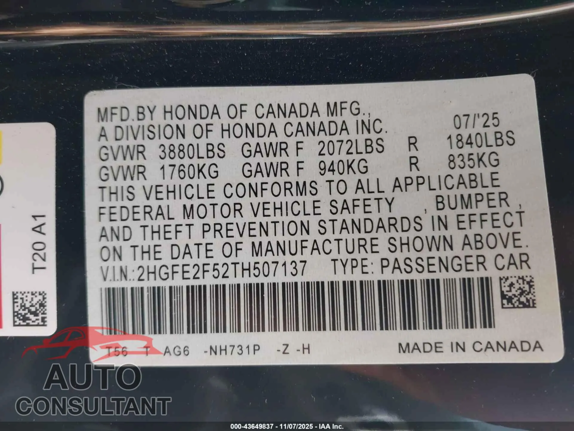 2026 HONDA CIVIC Damaged VIN 2HGFE2F52TH507137 – trunk area
