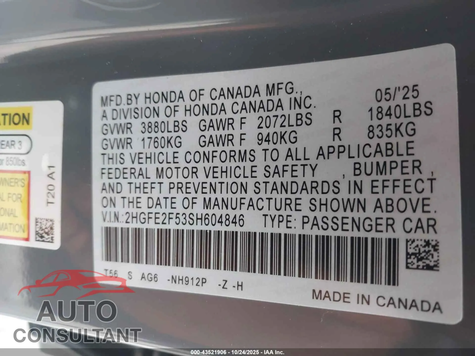 2025 HONDA CIVIC Damaged VIN 2HGFE2F53SH604846 – trunk area