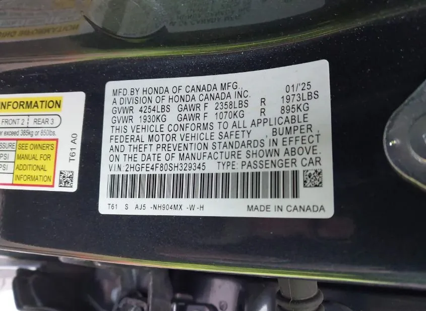 2025 HONDA Civic Used VIN 2HGFE4F80SH329345 – exterior detail