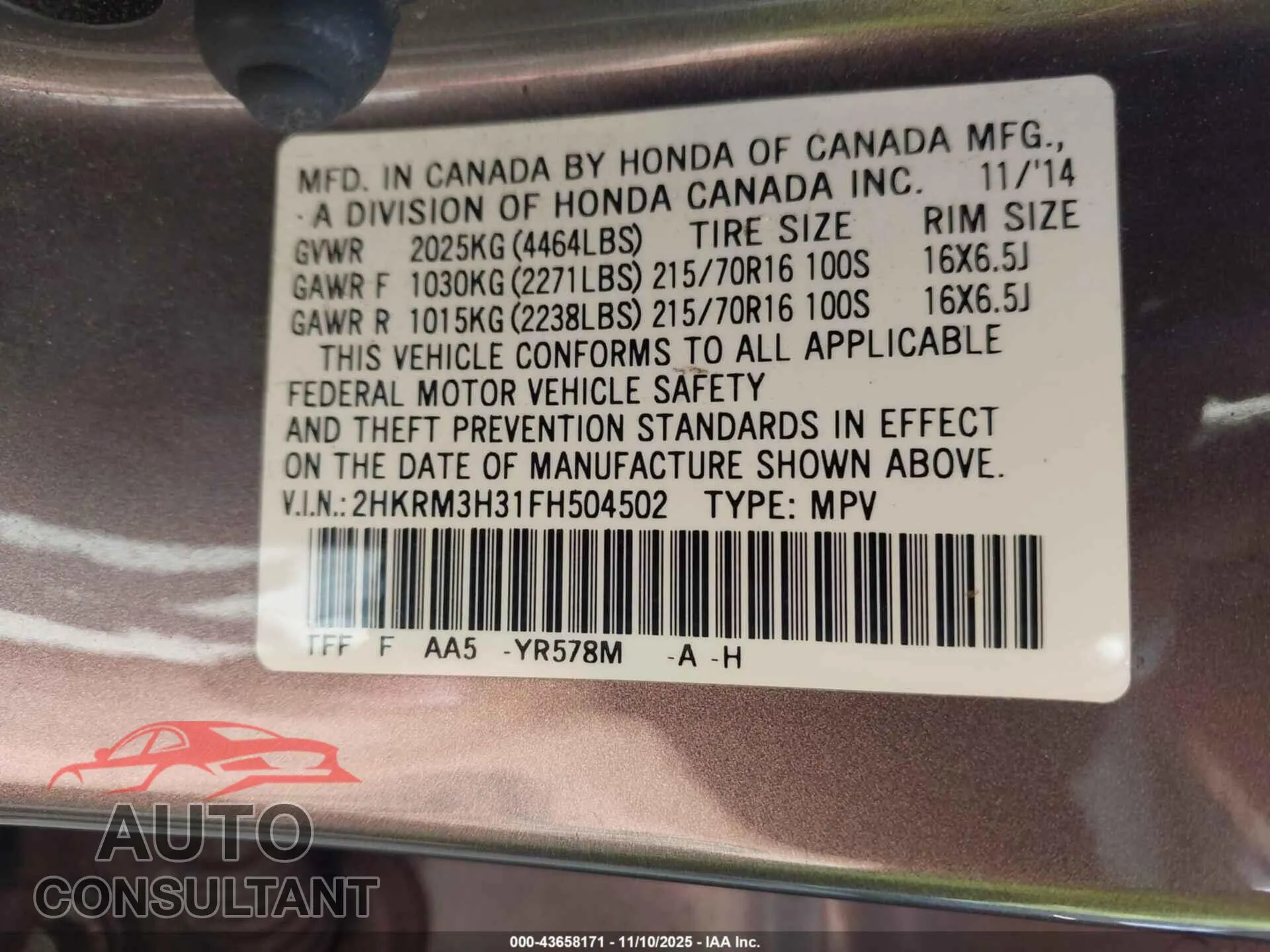 2015 HONDA CR-V Damaged VIN 2HKRM3H31FH504502 – trunk area