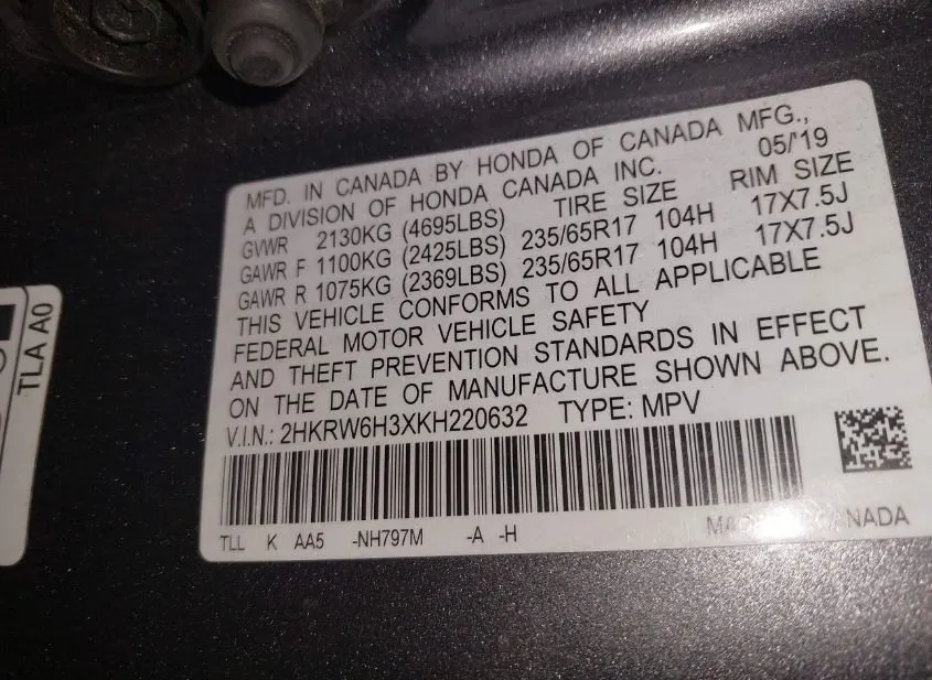 2019 HONDA CR-V Used VIN 2HKRW6H3XKH220632 – trunk area
