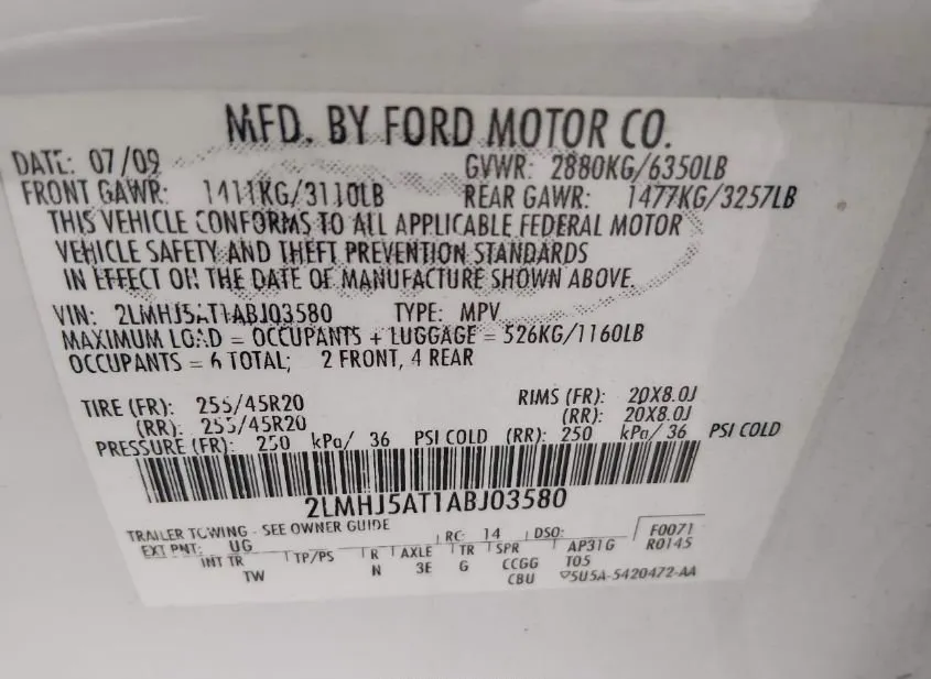 2010 LINCOLN MKT Used VIN 2LMHJ5AT1ABJ03580 – odometer reading