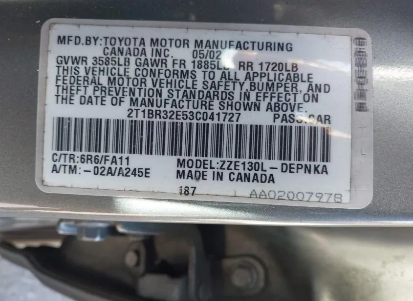 2003 TOYOTA Corolla Used VIN 2T1BR32E53C041727 – odometer reading