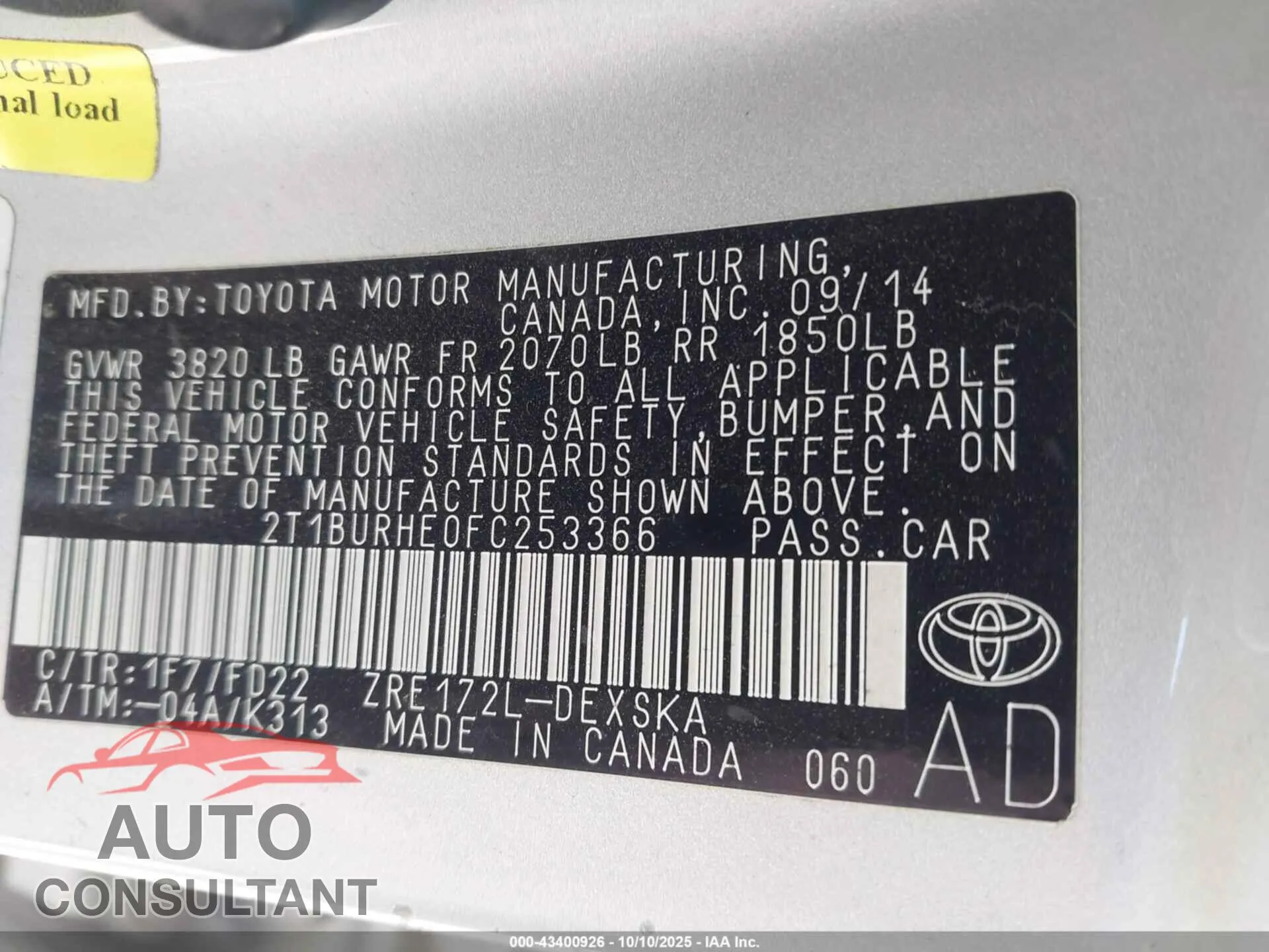 2015 TOYOTA COROLLA Damaged VIN 2T1BURHE0FC253366 – trunk area