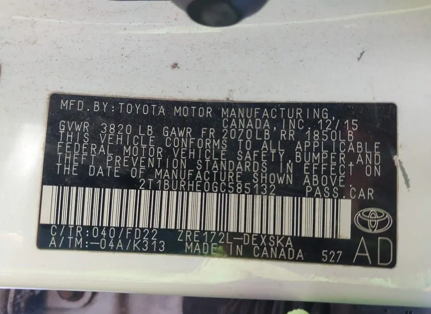 2016 TOYOTA Corolla Used VIN 2T1BURHE0GC585132 – odometer reading