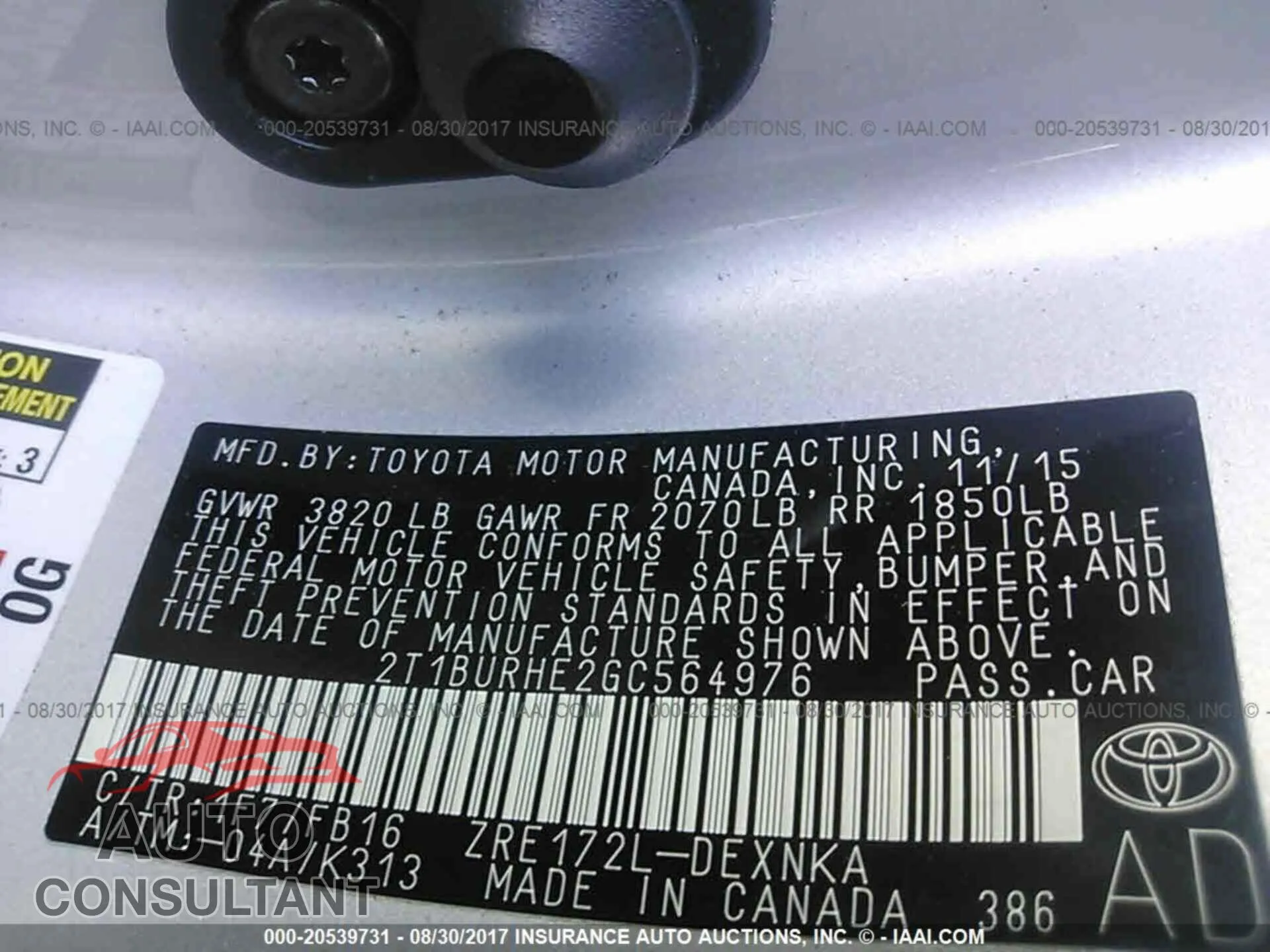 2016 Toyota Corolla Damaged VIN 2T1BURHE2GC564976 – trunk area