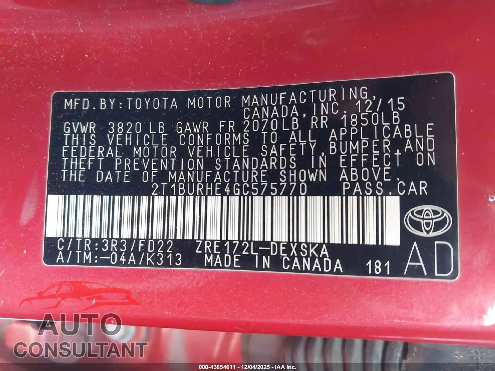 2016 TOYOTA COROLLA Damaged VIN 2T1BURHE4GC575770 – trunk area