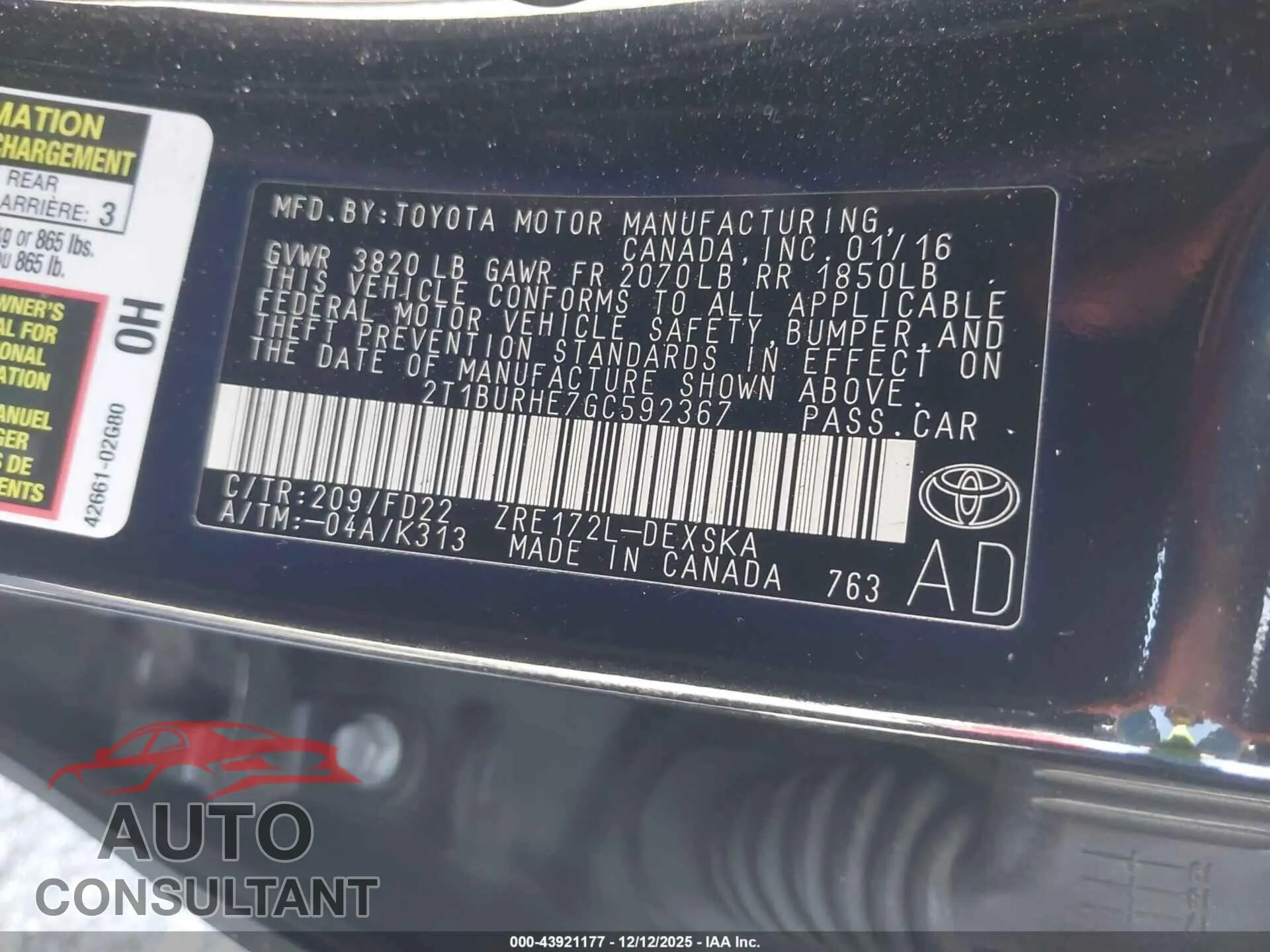 2016 TOYOTA COROLLA Damaged VIN 2T1BURHE7GC592367 – trunk area