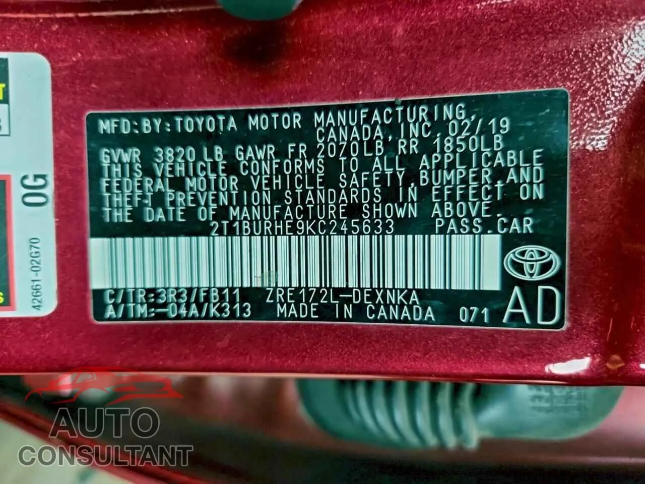 2019 TOYOTA COROLLA Damaged VIN 2T1BURHE9KC245633 – photo 12