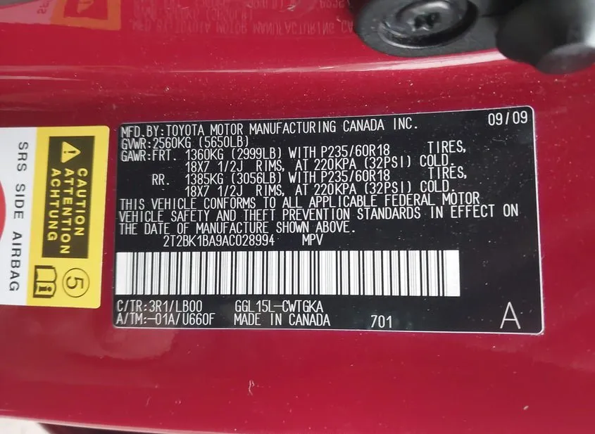 2010 LEXUS RX Used VIN 2T2BK1BA9AC028994 – trunk area