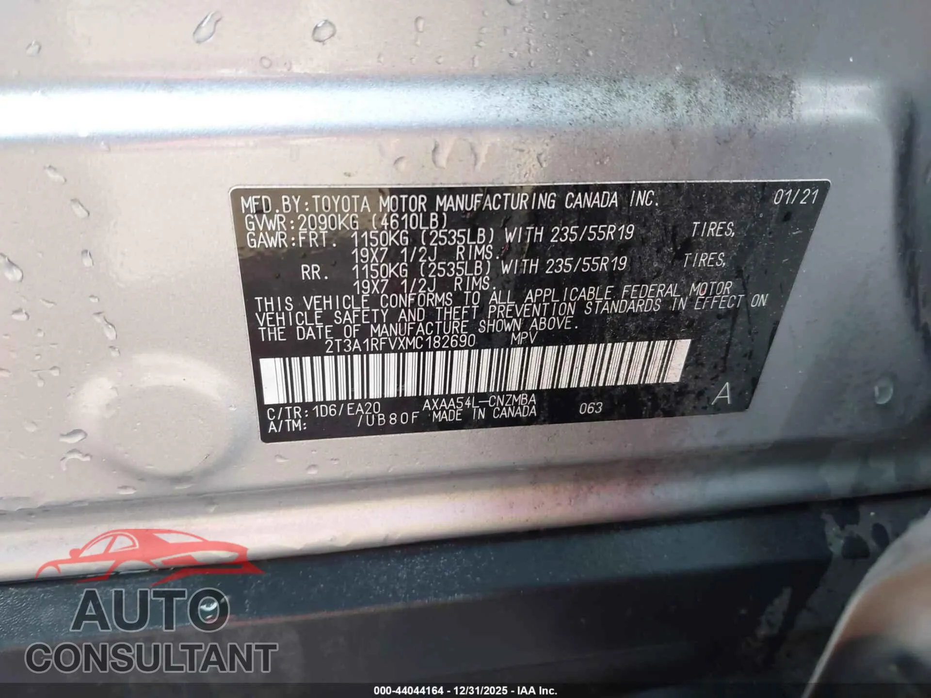 2021 TOYOTA RAV4 Damaged VIN 2T3A1RFVXMC182690 – trunk area