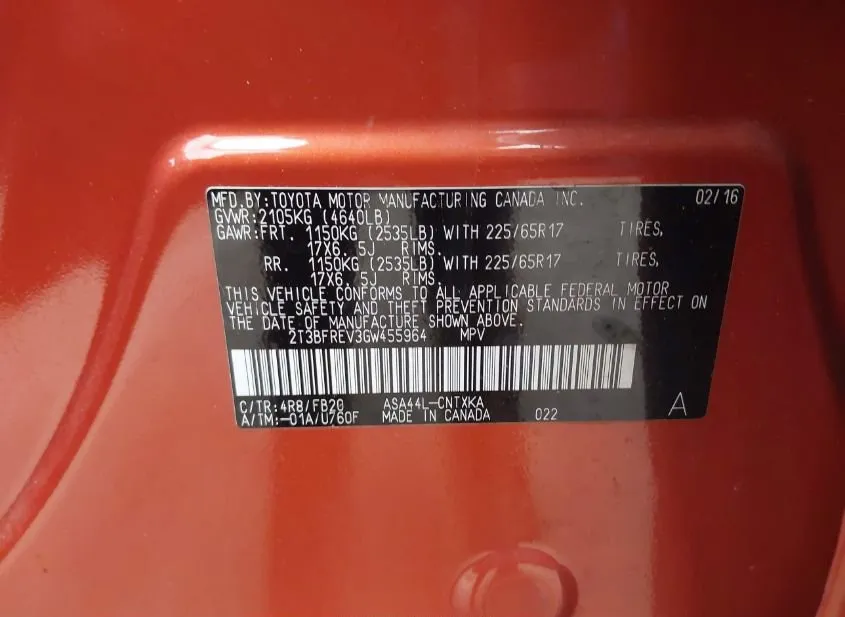 2016 TOYOTA RAV4 Used VIN 2T3BFREV3GW455964 – side profile