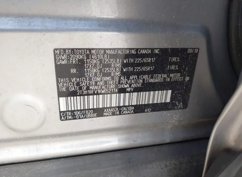 2019 TOYOTA RAV4 Used VIN 2T3H1RFV1KW052114 – odometer reading