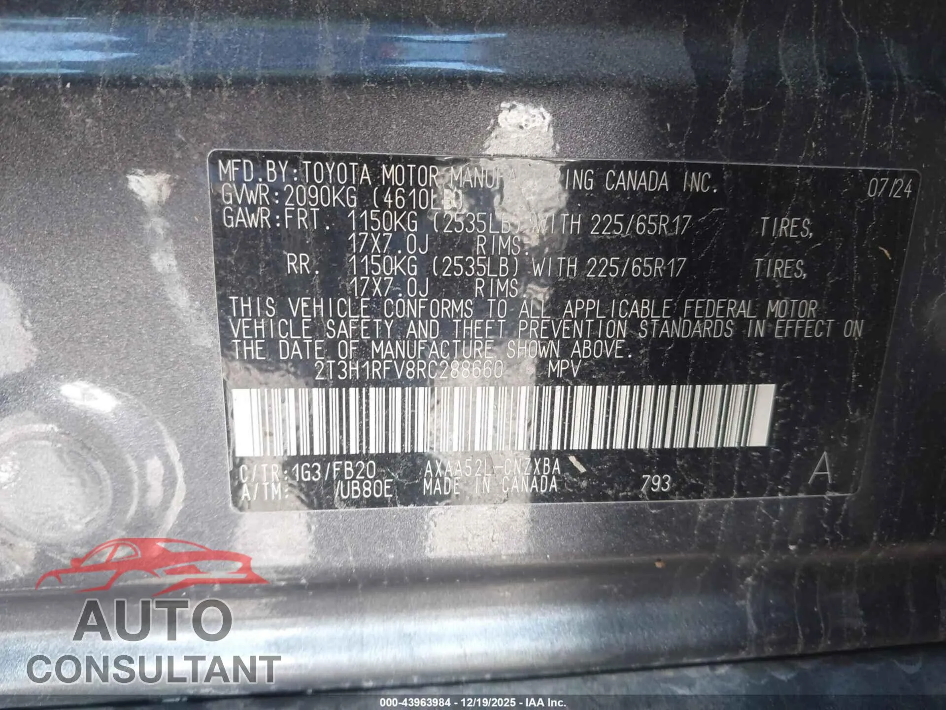 2024 TOYOTA RAV4 Damaged VIN 2T3H1RFV8RC288660 – trunk area