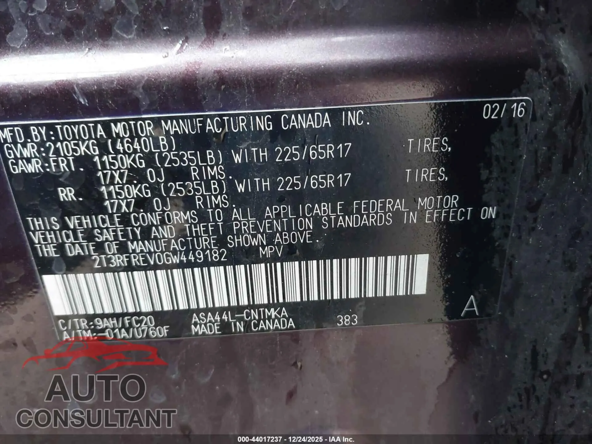 2016 TOYOTA RAV4 Damaged VIN 2T3RFREV0GW449182 – trunk area