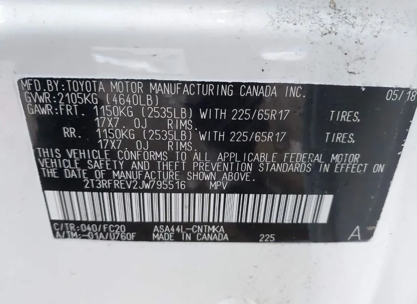 2018 TOYOTA RAV4 Damaged VIN 2T3RFREV2JW795516 – side profile