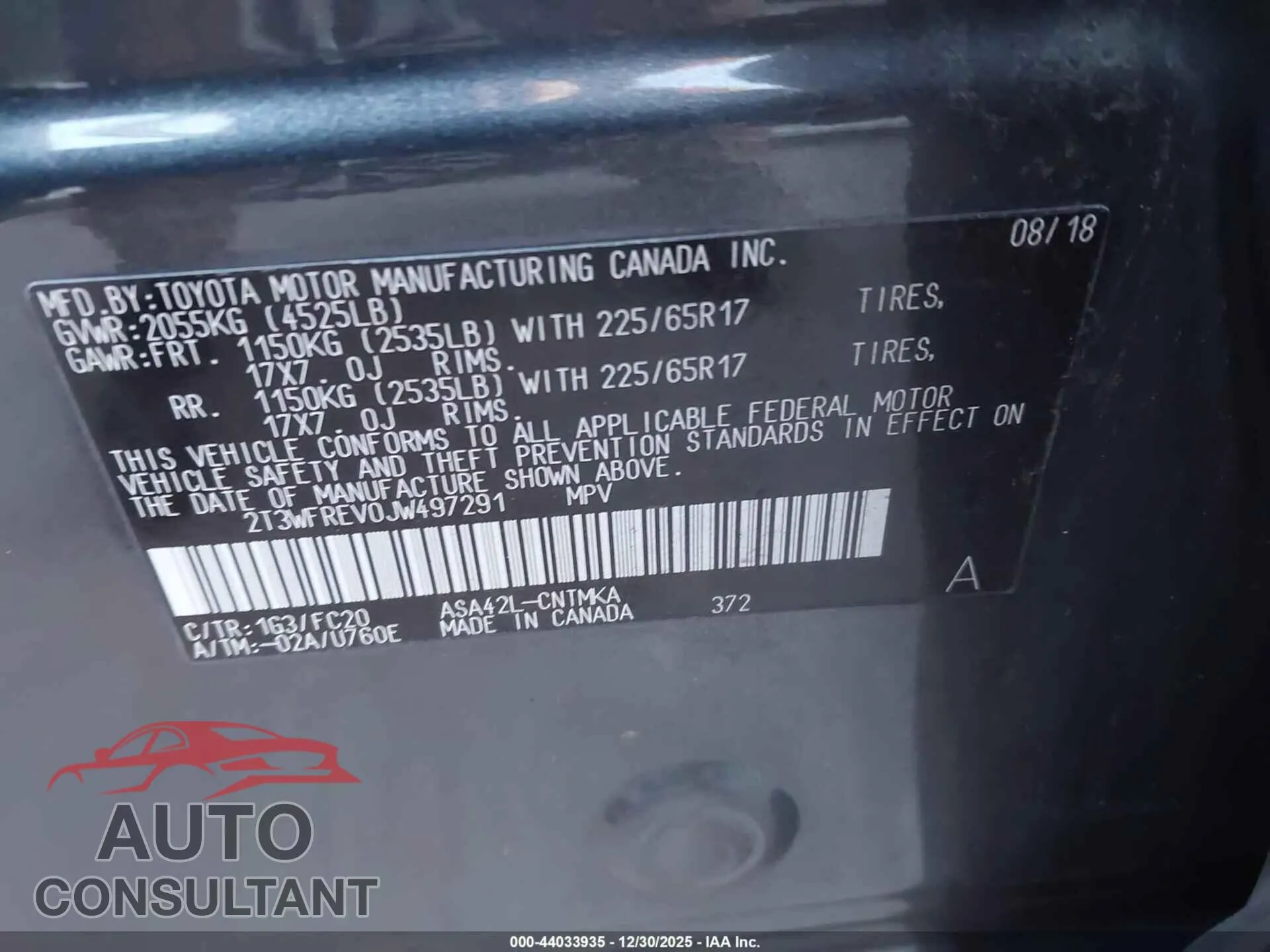 2018 TOYOTA RAV4 Damaged VIN 2T3WFREV0JW497291 – trunk area