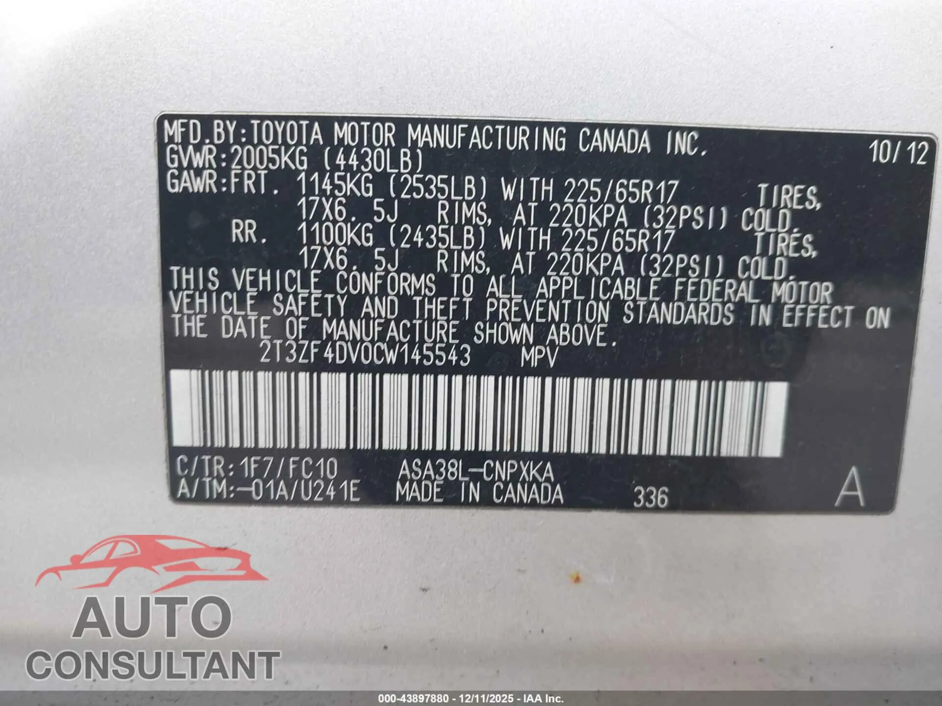 2012 TOYOTA RAV4 Damaged VIN 2T3ZF4DV0CW145543 – trunk area