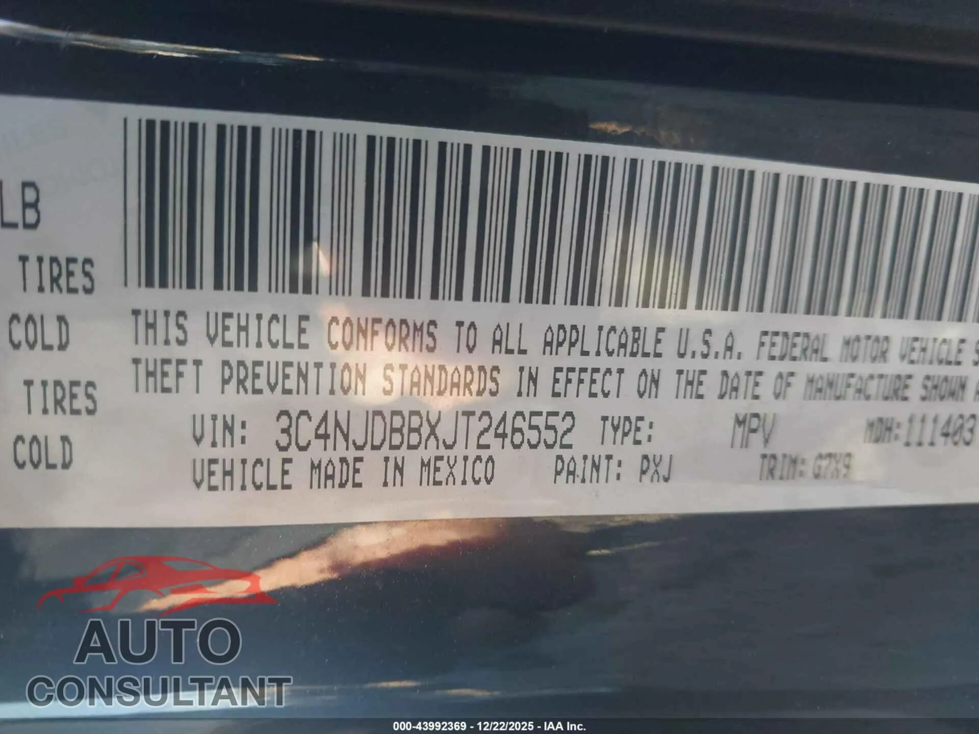 2018 JEEP COMPASS Damaged VIN 3C4NJDBBXJT246552 – trunk area