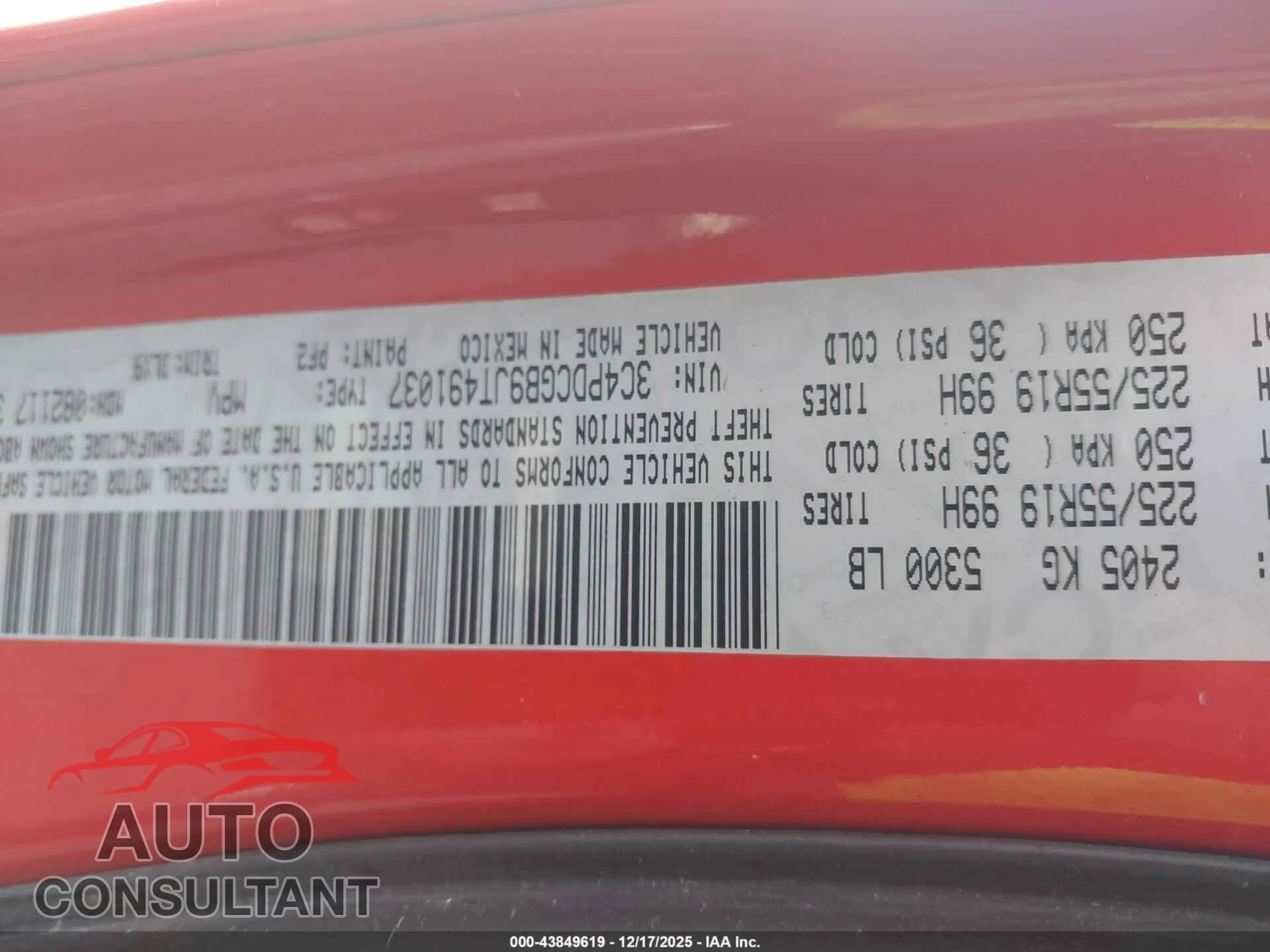 2018 DODGE JOURNEY Damaged VIN 3C4PDCGB9JT491037 – trunk area