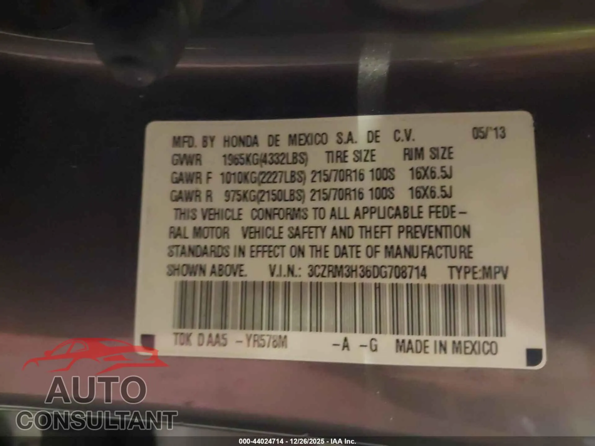 2013 HONDA CR-V Damaged VIN 3CZRM3H36DG708714 – trunk area