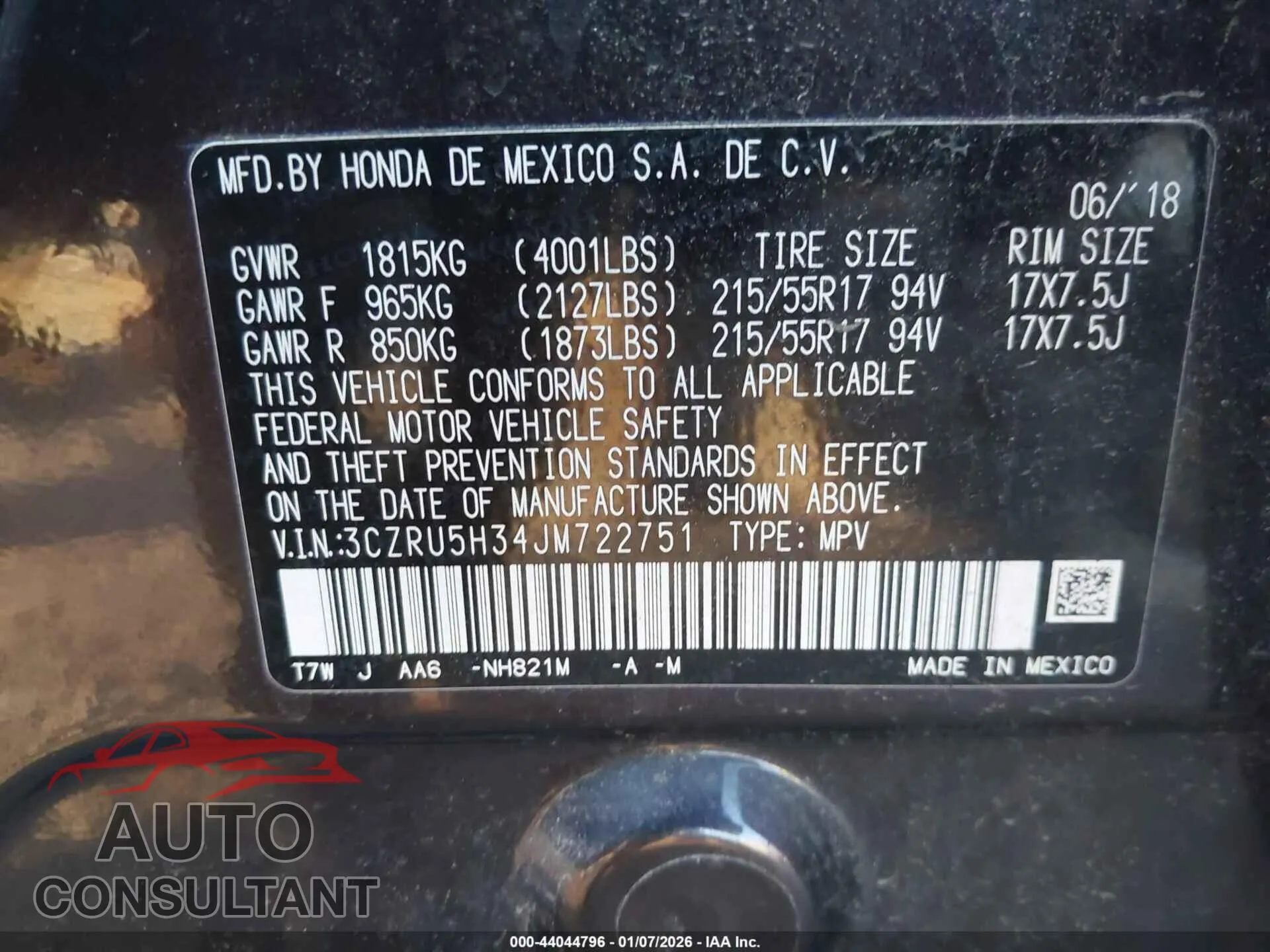 2018 HONDA HR-V Damaged VIN 3CZRU5H34JM722751 – trunk area