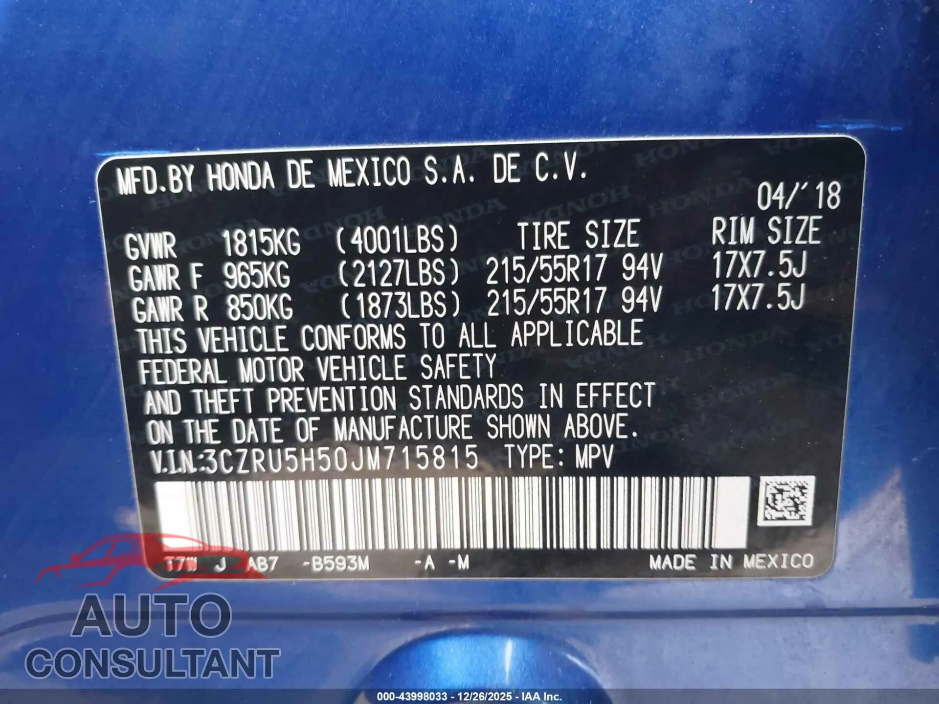 2018 HONDA HR-V Damaged VIN 3CZRU5H50JM715815 – trunk area