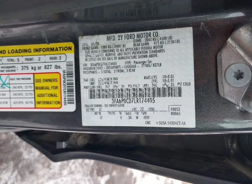2020 FORD Fusion Used VIN 3FA6P0CD7LR174405 – interior seats