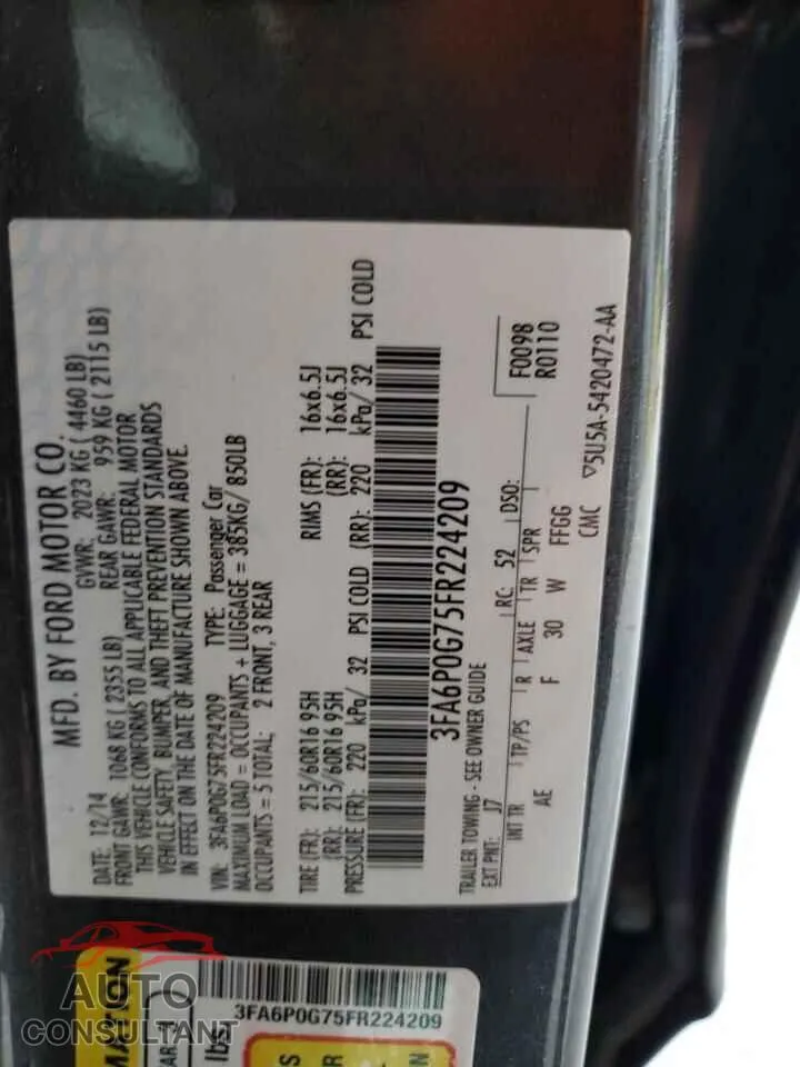 2015 FORD FUSION Damaged VIN 3FA6P0G75FR224209 – photo 13